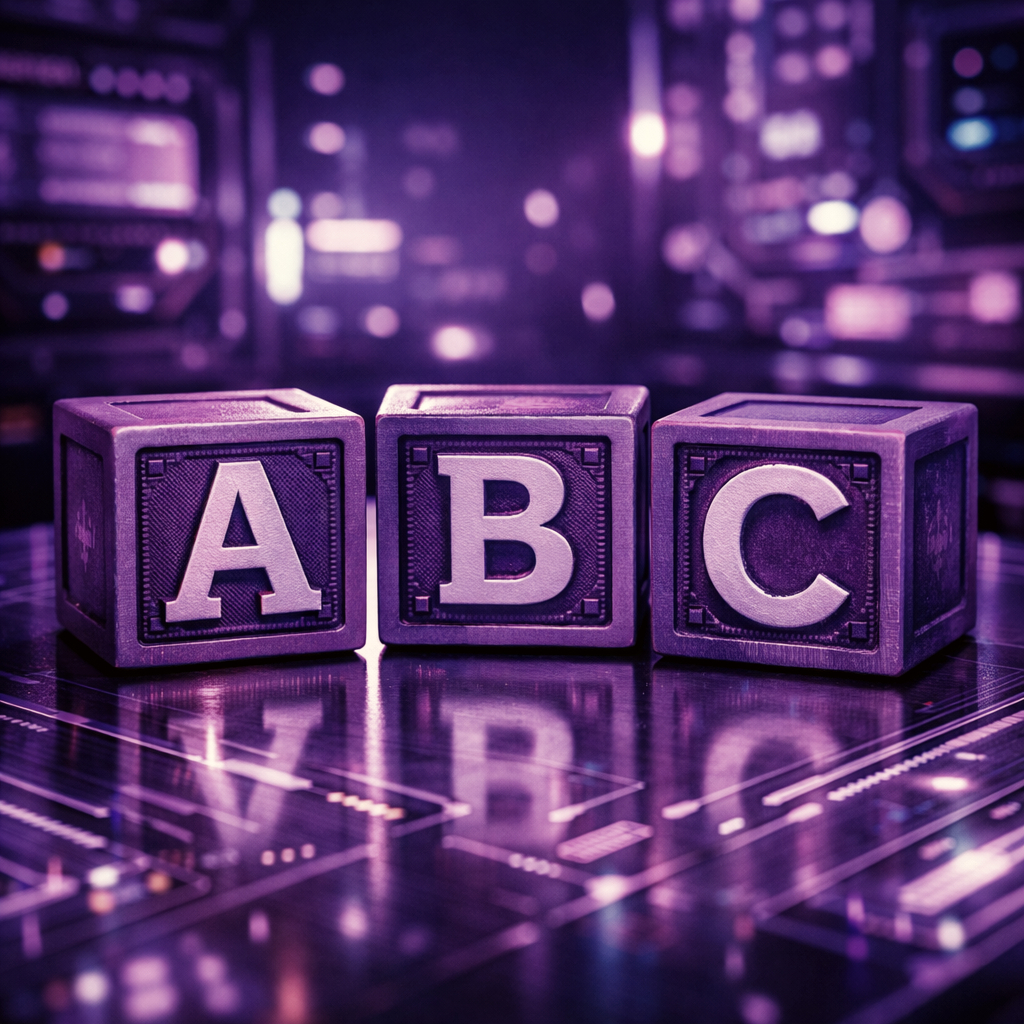 ABC blocks on a table in purple cyber hues-1