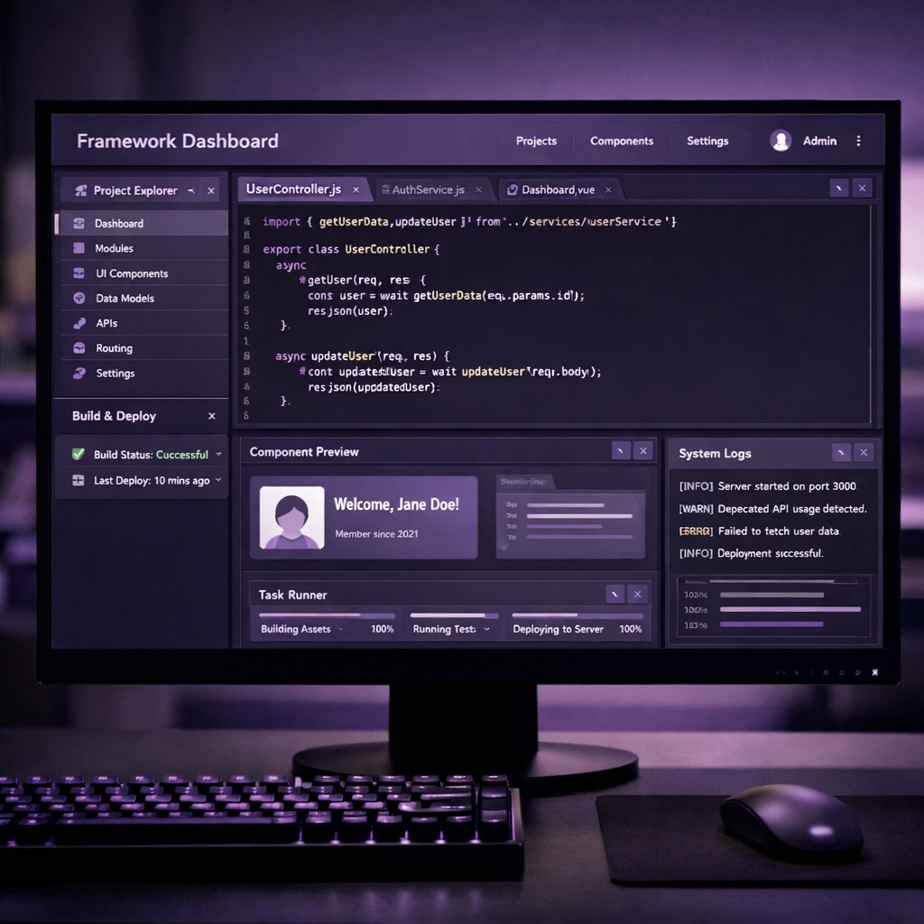 Computer screen showing framework software in purple hues-1