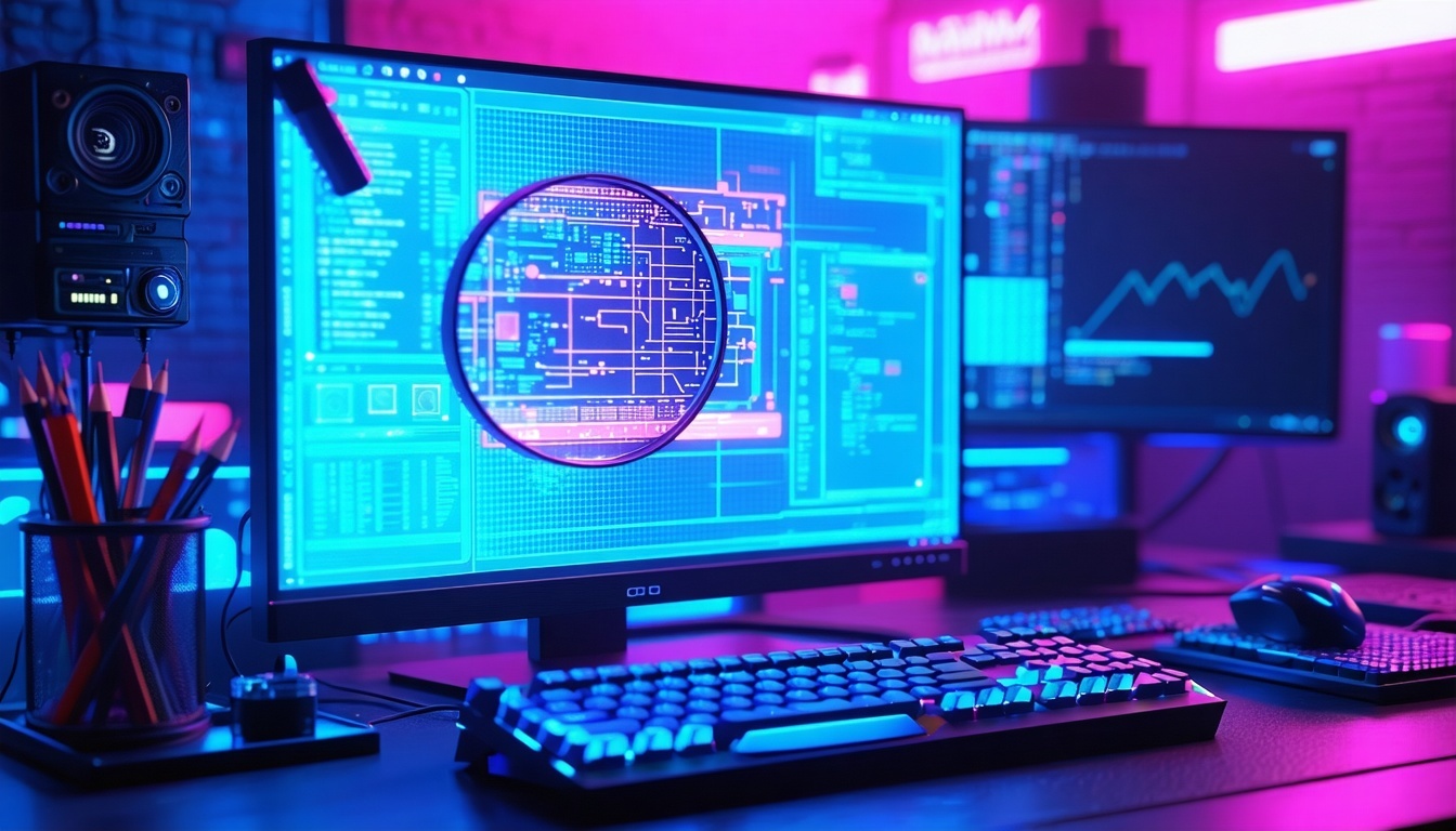 cyberpunk blue and pink close up of a computer with a magnifying glass-1