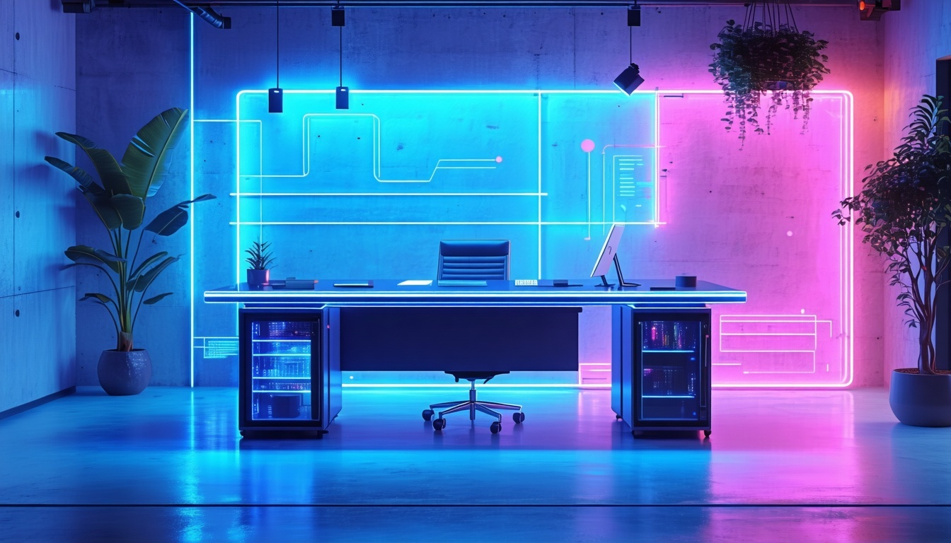 cyberpunk blue and pink executive table at a business-3