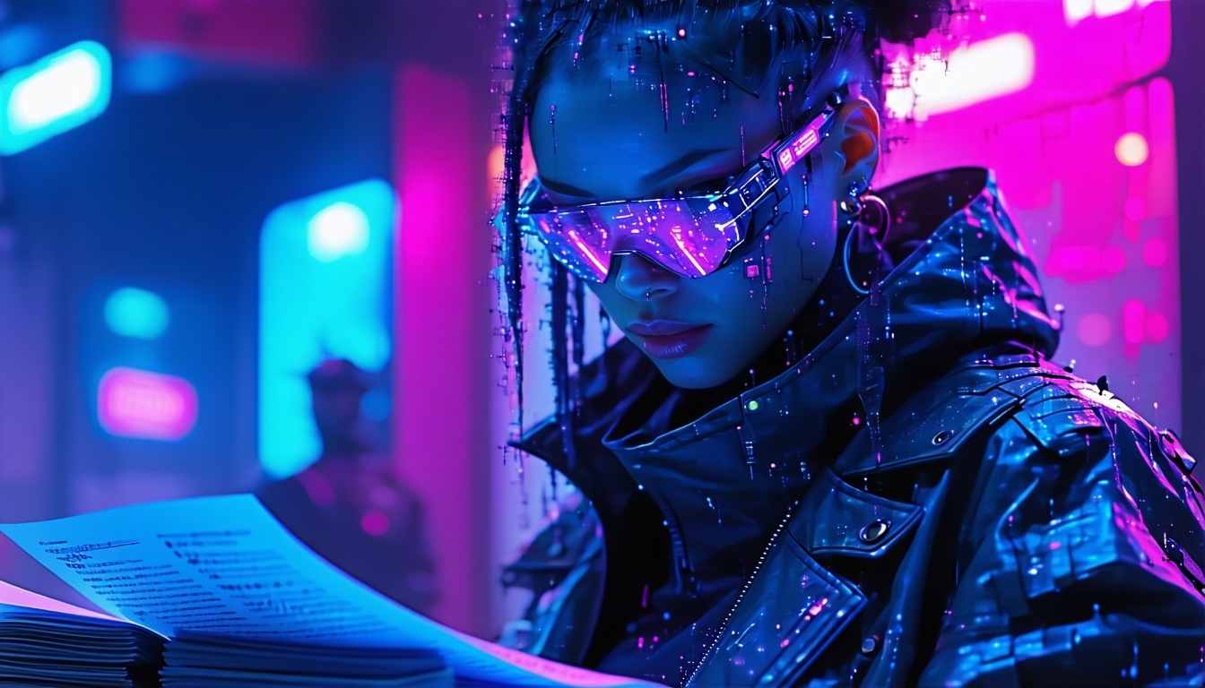 cyberpunk theme blue and pink someone carefully reviewing a stack of papers-1